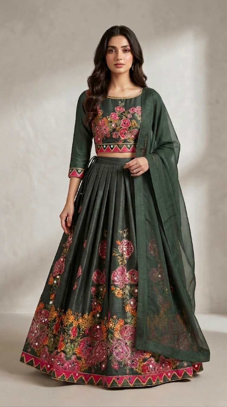 Stitch Digital Flower Design lehanga kurti