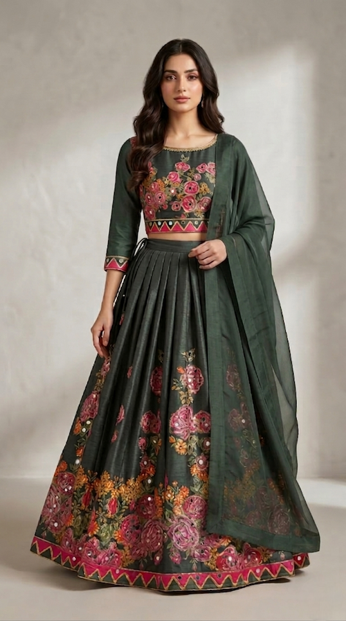 Stitch Digital Flower Design lehanga kurti